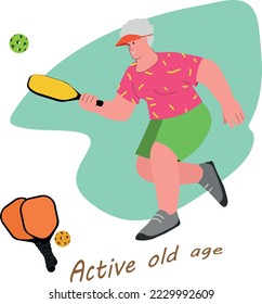 A retired woman goes in for sports. The concept of active old age. Vector illustration of an old lady playing pickleball