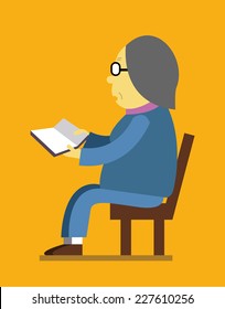 Retired woman reading a book. flat character design. vector illustration