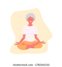 
Retired woman sitting in lotus position and doing meditation and yoga, vector illustration in flat style