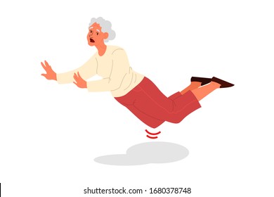 Retired Women Faling Down. Old Woman Falling On Her Knee. Elderly Person With With Pain Or Injury. Leg Trauma. Vector Illustration In Cartoon Style