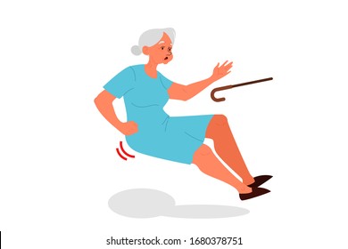 Retired Women Falling Down. Old Woman With A Cane. Elderly Person With With Pain Or Injury. Vector Illustration In Cartoon Style