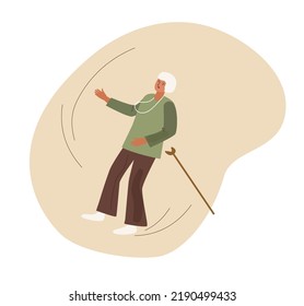 Retired women falling down. Old woman with a cane. Vector cartoon illustration