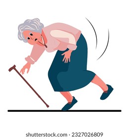 Retired women falling down. Old woman with a cane. Elderly person with with pain or injury. Vector illustration in cartoon style.