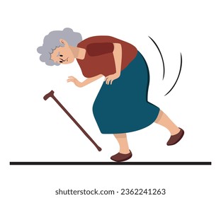 Retired women falling down. Old woman with a cane. Elderly person with with pain or injury. Vector illustration in cartoon style.