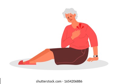 Retired Women Fell Down. Old Woman With Her Arm On Her Heart. Elderly Person With With Pain Or Injury. Heart Attack. Vector Illustration In Cartoon Style