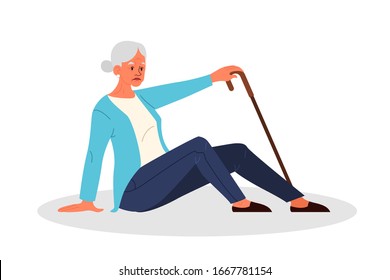 Retired women fell down. Old woman with a cane. Elderly person with with pain or injury. Old woman with dizziness. Vector illustration in cartoon style