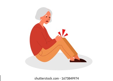 Retired women fell down. Old woman with her arm on her knee. Elderly person with with pain or injury. Leg trauma. Vector illustration in cartoon style