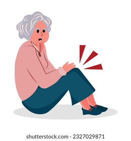 Retired women fell down. Old woman with her arm on her knee. Elderly person with with pain or injury. Leg trauma. Vector illustration in cartoon style.