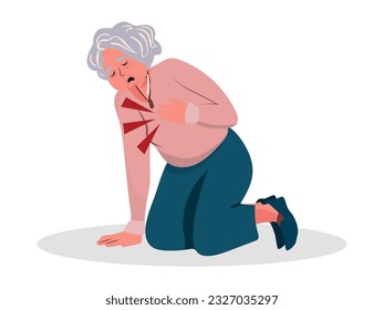 Retired women fell down. Old woman with her arm on her heart. Elderly person with with pain or injury. Heart attack. Vector illustration in cartoon style.