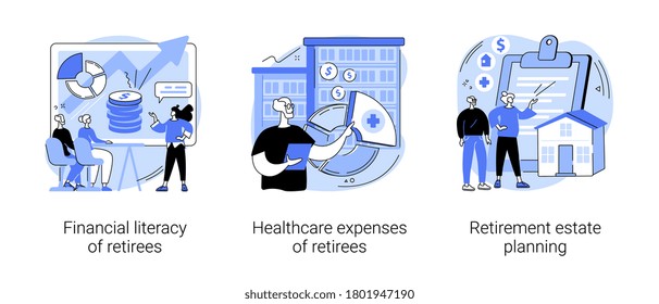 Retiree Budget Plan Abstract Concept Vector Illustration Set. Financial Literacy Of Retirees, Healthcare Expenses, Retirement Estate Planning, Health Insurance Plan, Law Advisor Abstract Metaphor.