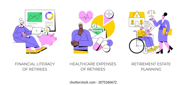 Retiree budget plan abstract concept vector illustration set. Financial literacy of retirees, healthcare expenses, retirement estate planning, health insurance plan, law advisor abstract metaphor.
