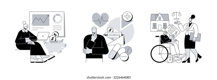 Retiree budget plan abstract concept vector illustration set. Financial literacy of retirees, healthcare expenses, retirement estate planning, health insurance plan, law advisor abstract metaphor.