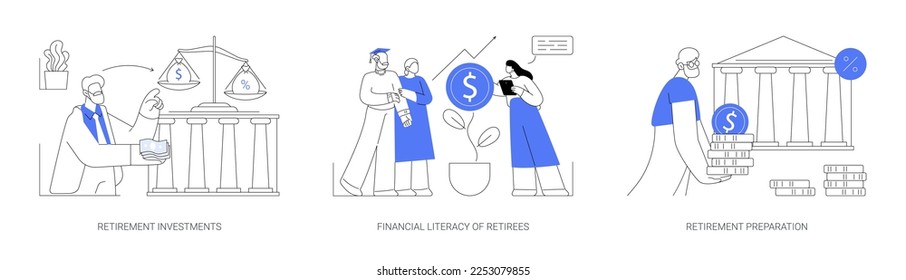 Retiree budget plan abstract concept vector illustration set. Retirement investments, financial literacy of retirees, pension preparation, income control, banking deposit abstract metaphor.