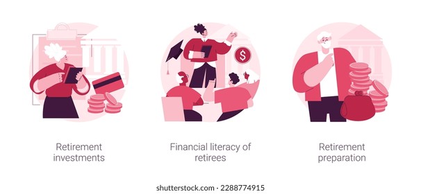 Retiree budget plan abstract concept vector illustration set. Retirement investments, financial literacy of retirees, pension preparation, income control, banking deposit abstract metaphor.