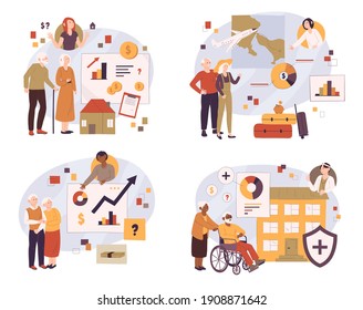 Retiree budget plan concept. Financial literacy, healthcare expenses, retirement estate planning, tourist trips and travelling, health insurance plan. Set of flat cartoon vector illustrations