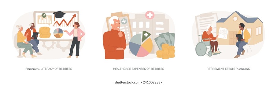 Retiree budget plan isolated concept vector illustration set. Financial literacy of retirees, healthcare expenses, retirement estate planning, health insurance plan, law advisor vector concept.