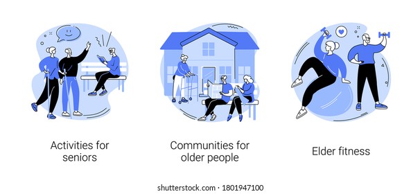 Retiree lifestyle abstract concept vector illustration set. Activities for seniors, communities for older people, elder fitness, nursing home, health support, social activity abstract metaphor.