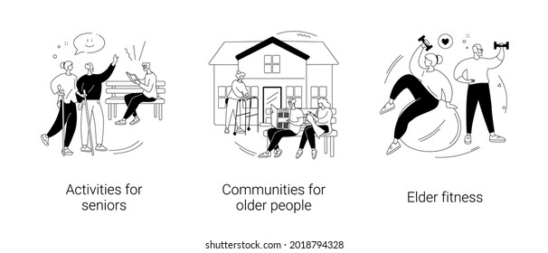 Retiree lifestyle abstract concept vector illustration set. Activities for seniors, communities for older people, elder fitness, nursing home, health support, social activity abstract metaphor.