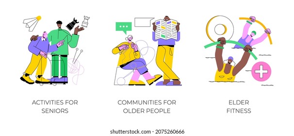 Retiree lifestyle abstract concept vector illustration set. Activities for seniors, communities for older people, elder fitness, nursing home, health support, social activity abstract metaphor.