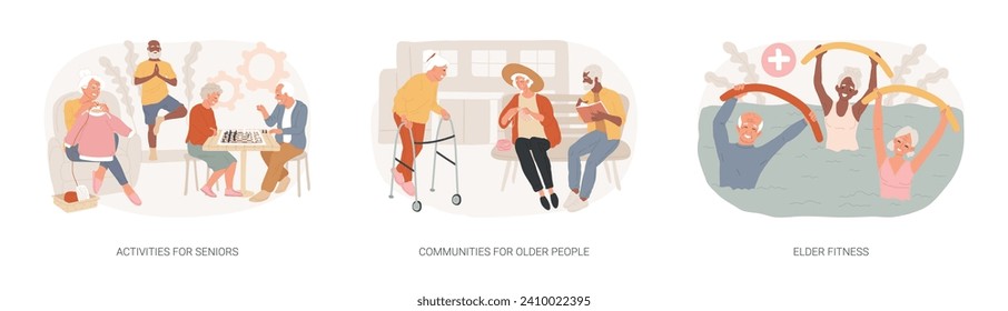 Retiree lifestyle isolated concept vector illustration set. Activities for seniors, communities for older people, elder fitness, nursing home, health support, social activity vector concept.