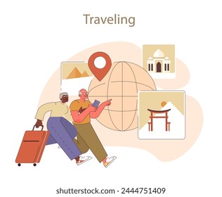 Retirees' Activities concept. Adventurous elderly couple with luggage sets off to explore the world, embracing global travel and cultural experiences.