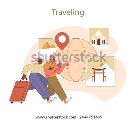 Retirees' Activities concept. Adventurous elderly couple with luggage sets off to explore the world, embracing global travel and cultural experiences.