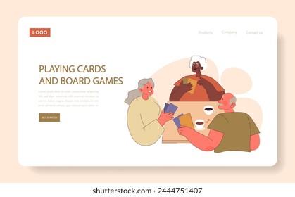 Retirees' Activities concept. Elderly friends gather for a fun card game. Joyful leisure time, companionship at play. Cozy afternoon indoors.