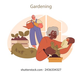 Retirees' Activities concept. Elderly individuals tend to garden plots, nurturing plants with care and attention, celebrating the joy of horticulture.