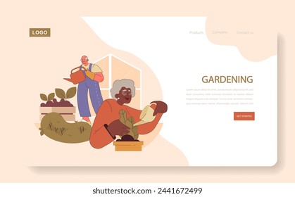 Concepto de actividades para jubilados. Las personas mayores tienden a cultivar parcelas, cultivando plantas con cuidado y atención, celebrando la alegría de la horticultura.