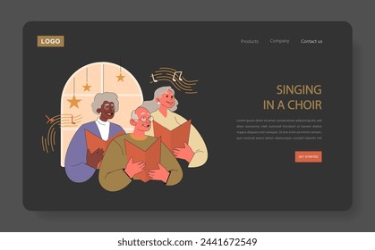 Retirees' Activities concept. Elderly individuals engaged in choral singing, reflecting joy and community. Harmony in golden years through musical expression.