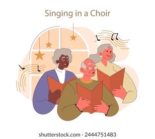 Retirees' Activities concept. Elderly individuals engaged in choral singing, reflecting joy and community. Harmony in golden years through musical expression.