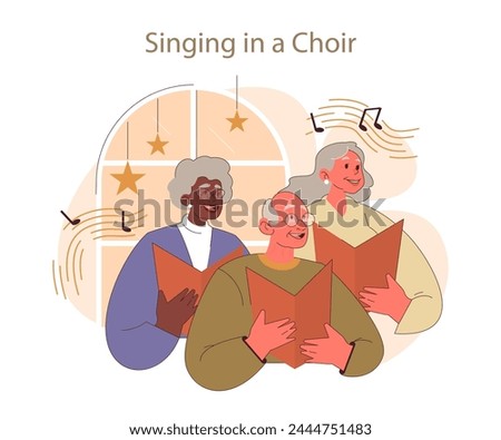 Retirees' Activities concept. Elderly individuals engaged in choral singing, reflecting joy and community. Harmony in golden years through musical expression.