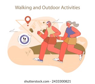 Retirees' Activities concept. Senior couple energetically embarking on a walking adventure, enjoying the great outdoors and active lifestyle.