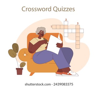 Retirees' Activities concept. A senior woman sharpens her mind with crossword puzzles, combining leisure and cognitive health in a cozy home setting