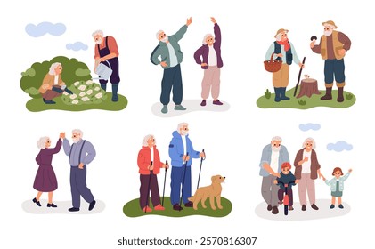 Retirees activities. Elderly people hobbies. Grandparents walking or playing sports with grandchildren. Senior couples lead active lifestyle. Dancing and gardening