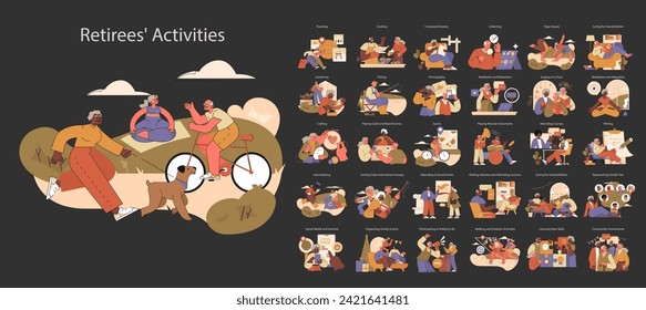 Retirees' Activities set. Diverse leisure and learning pursuits for seniors. From outdoor adventures to cultural enrichment. Engaging golden years with vitality.