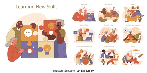 Retirees' Activities set. Diverse seniors engaging in hobbies and skills from puzzle solving to musical instruments. Embracing lifelong learning and nurturing relationships.