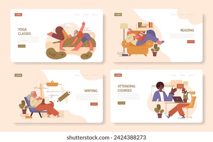 Retirees' Activities set. Web banners show seniors in yoga, childcare, online courses, and writing. Active aging with health, education, and creativity.