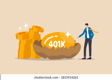 Retirement 401K investment, tax defer mutual fund for salary man financial success concept, happy young businessman investor stand with wealthy golden egg with word 401K and dollar money coin stack.