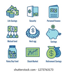 Retirement Account & Savings Icon Set - Mutual Fund, Roth IRA, Etc