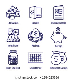 Retirement Account & Savings Icon Set - Mutual Fund, Roth IRA, etc