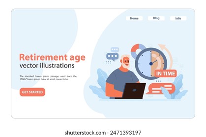 Retirement age concept. Elderly man with laptop amidst time clock, highlighting punctuality in planning. Enjoying digital era leisure. Flat vector illustration.