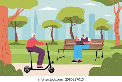 Retirement age couple in city park. Senior people use gadget outdoor, elderly man with laptop on bench, lady on scooter, vector illustration