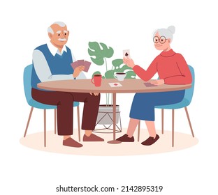 Retirement age people have fun together playing poker. Elderly woman and man play card board games. Evening active gatherings in the nursing home. Flat vector illustration, isolated.