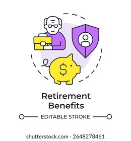 Retirement benefits multi color concept icon. Financial planning, investment. Pension, savings. Round shape line illustration. Abstract idea. Graphic design. Easy to use in article, blog post