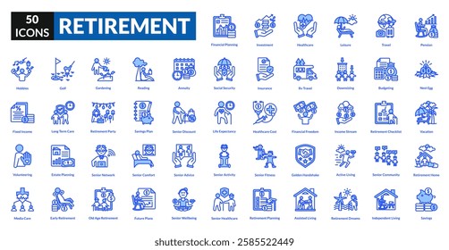 Retirement blue icon collection set. Includes pension, savings, relax, senior, leisure, travel, freedom, finance, planning, investment, security, future, income, nest egg, health