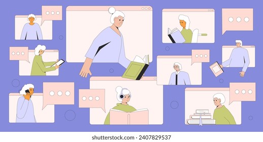 Retirement book community. Online library event for elderly people. Old men and women reading together remote. Vector flat illustration.