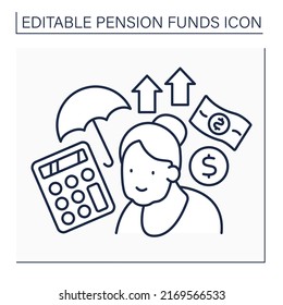 Retirement Calculation Line Icon. Old Woman Count Days For Retirement. Counting Saving Money. Life Planning. Pension Fund Concept. Isolated Vector Illustration. Editable Stroke