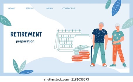 Retirement calculations and savings program concept for website or landing webpage, flat cartoon vector illustration. Pension payments and retirement fund.