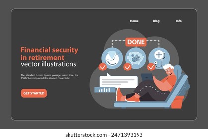 Retirement Calculator concept. Senior relaxing in chair with laptop, reviewing completed financial plans for secure retirement. Peace of mind in retirement. Flat vector illustration.